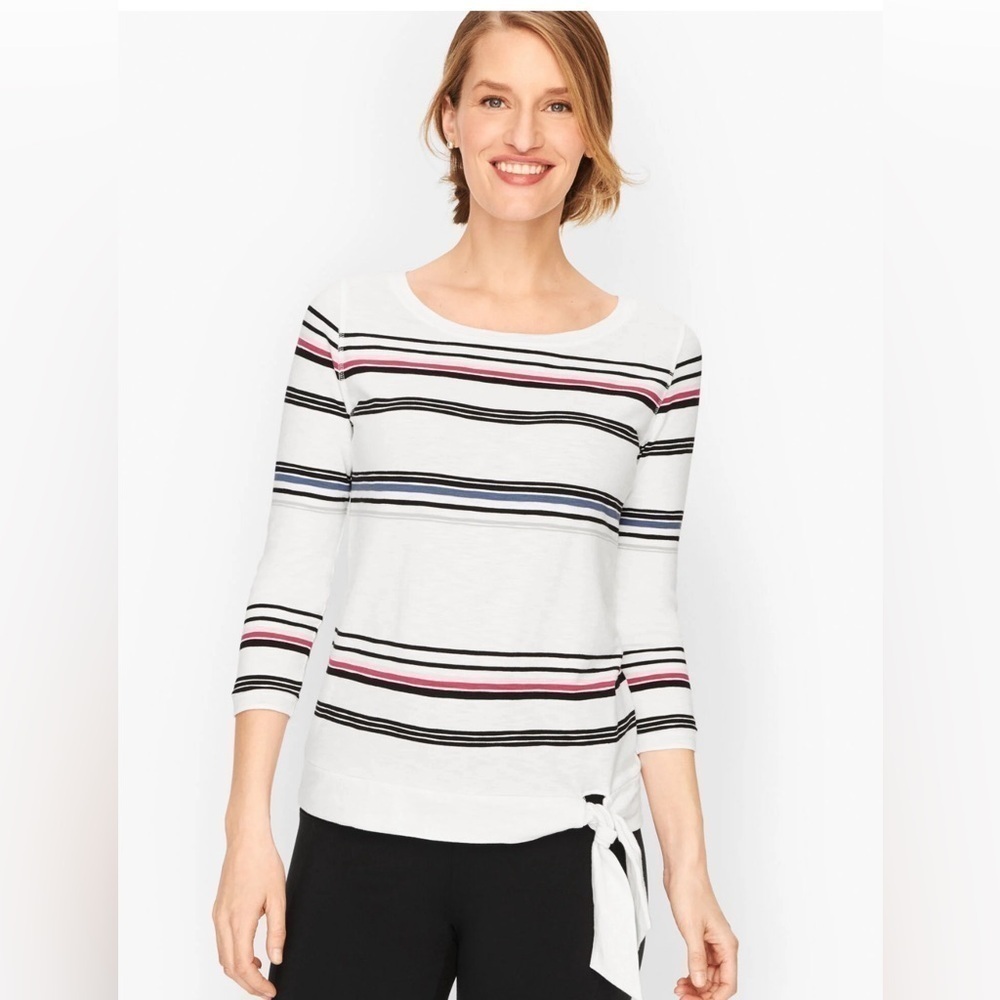 T by TALBOTS striped front tie 3/4 sleeve cotton, spandex woman classic top M